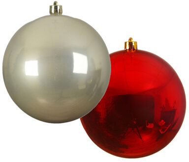 Decoris Grote decoratie kerstballen - 2x st - 14 cm - champagne en rood - kunststof