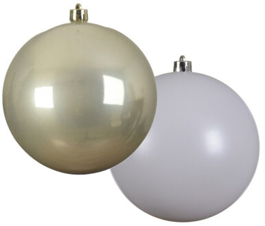 Decoris Grote decoratie kerstballen - 2x st - 14 cm - champagne en wit - kunststof