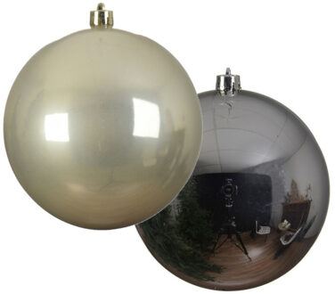 Decoris Grote decoratie kerstballen - 2x st - 14 cm - champagne en zilver - kunststof