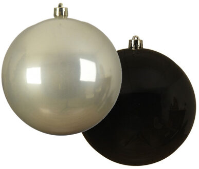 Decoris Grote decoratie kerstballen - 2x st - 14 cm - champagne en zwart - kunststof