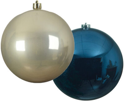 Decoris Grote decoratie kerstballen - 2x st - 20 cm- champagne en donkerblauw -kunststof