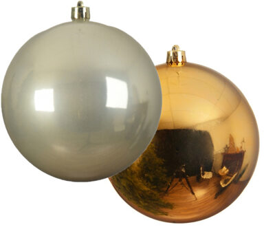 Decoris Grote decoratie kerstballen - 2x st - 20 cm - champagne en goud - kunststof - Kerstbal Champagnekleurig