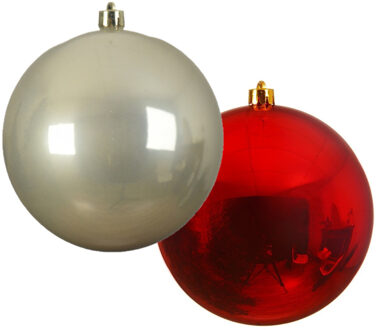 Decoris Grote decoratie kerstballen - 2x st - 20 cm - champagne en rood - kunststof - Kerstbal Champagnekleurig