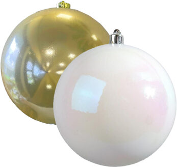Decoris Grote decoratie kerstballen - 2x st - 20 cm- champagne en wit parelmoer - kunststof