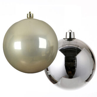 Decoris Grote decoratie kerstballen - 2x st - 20 cm - champagne en zilver - kunststof - Kerstbal Zilverkleurig