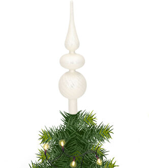 Decoris Grote glazen kerstboompiek zilveren glitters/kralen 32 cm - kerstboompieken Zilverkleurig