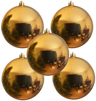 Decoris grote kerstbal - 5x - goud - glans - kunststof - 14 cm - onbreekbaar - kerstversiering