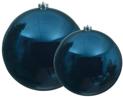 Decoris Grote kerstballen 2x stuks donkerblauw 14 en 20 cm kunststof - Kerstbal