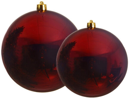 Decoris Grote kerstballen 2x stuks donkerrood 14 en 20 cm kunststof - Kerstbal