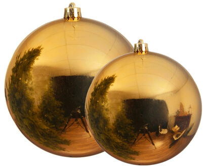 Decoris Grote kerstballen 2x stuks goud 14 en 20 cm kunststof - Kerstbal Goudkleurig