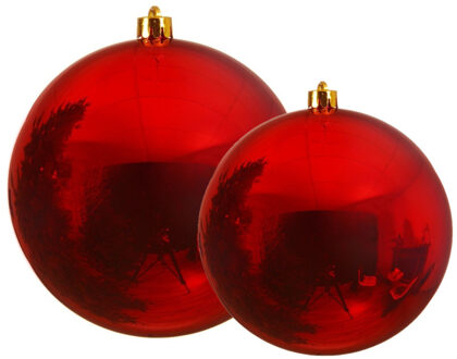 Decoris grote kerstballen - 2x stuks - rood - Dia 14 en 20 cm - kunststof - kerstversieringen