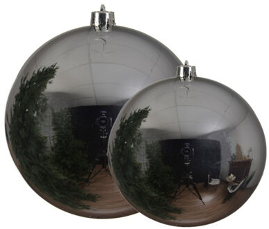 Decoris Grote kerstballen 2x stuks zilver 14 en 20 cm kunststof - Kerstbal Zilverkleurig