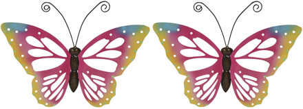Decoris Grote muurvlinder - Set van 3x stuks - roze - 51 x 38 cm - tuindecoratie - tuinvlinder