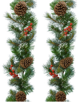 Decoris Guirlande - Set van 2x stuks - kerstslinger - groen - nepsneeuw en deco - 270 cm