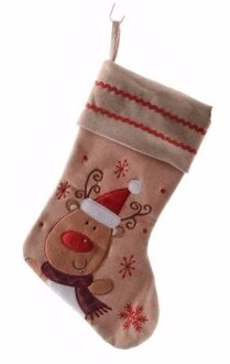 Decoris Jute kerstsok H45 cm met rendier applicatie - Kerstsokken Multikleur