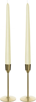 Decoris Kandelaars 2x aluminium goud 15 cm met 12x ivoor witte dinerkaarsen