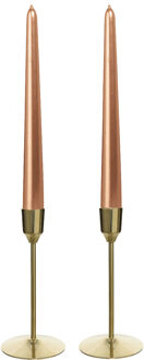 Decoris Kandelaars 2x aluminium goud 15 cm met 12x rose gouden dinerkaarsen