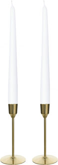 Decoris Kandelaars 2x aluminium goud 15 cm met 12x witte dinerkaarsen