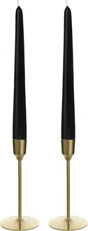 Decoris Kandelaars 2x aluminium goud 15 cm met 12x zwarte dinerkaarsen - kaars kandelaars Goudkleurig