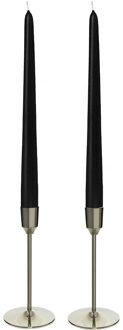 Decoris Kandelaars 2x aluminium zilver 15 cm met 12x zwarte dinerkaarsen - kaars kandelaars Zilverkleurig