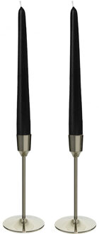 Decoris Kandelaars 2x aluminium zilver 20 cm met 12x zwarte dinerkaarsen