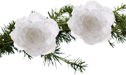 Decoris Kerst bloem - 2x - op clip - wit - glitter - D14 cm - kunststof - kerstversiering - kerstbloem