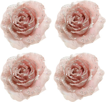 Decoris Kerst decoratie roos - 6x stuks - op clip - poeder roze - D14 cm - kunststof - kerstbloem - bloemen