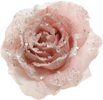 Decoris Kerst decoratie roos - op clip - poeder roze - D14 cm - kunststof - kerstbloem - bloemen