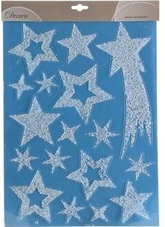 Decoris Kerst decoratie stickers glitter sterren 30 x 40 cm - Feeststickers Wit