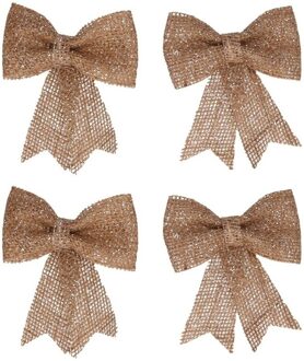 Decoris Kerst decoratie strikjes - 4x - jute - glitters - 13 cm