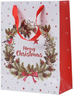 Decoris Kerst giftbag met kerstkrans opdruk 72 cm krans met vogel Rood