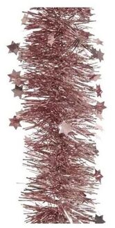 Decoris Kerst lametta guirlandes oud roze sterren/glinsterend 10 cm breed x 270 cm - Kerstslingers