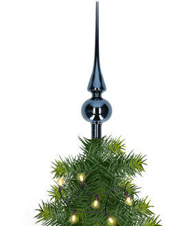 Decoris kerst piek - 1x - donkerblauw - 26 cm - glas - glans - kerstboom piek - kerstpieken