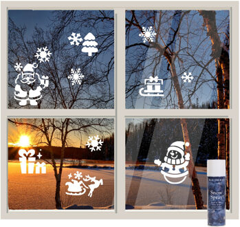 Decoris Kerst raamsjablonen - 2x velletje van 47,5 x 24,5 cm - incl. sneeuwspray - raamversiering