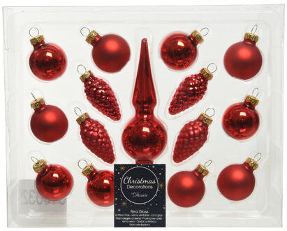 Decoris Kerst rode glazen kerstballen 3 cm en piek set voor mini kerstboom 15-dlg