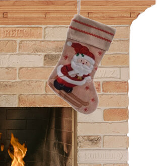 Decoris kerst sok met kerstman - 1x - bruin - jute - H45 cm - kerstversiering - kerstdecoratie