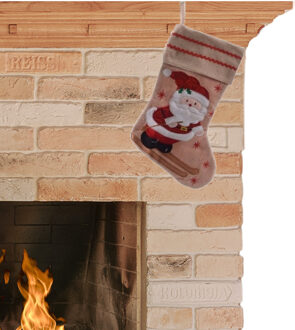 Decoris kerst sok met kerstman - 1x - bruin - jute - H45 cm - kerstversiering - kerstdecoratie