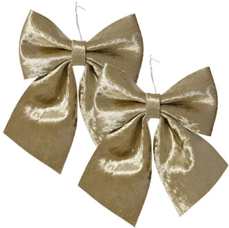 Decoris Kerst strik - 2x - champagne - 20 x 24 cm - polyester - kersthanger strik