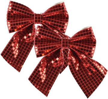 Decoris Kerst strik - 2x - rood - pailletten - 20 x 24 cm - polyester