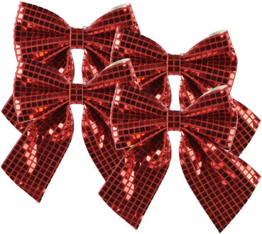 Decoris Kerst strik - 4x - rood - pailletten - 20 x 24 cm - polyester