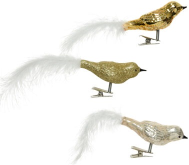 Decoris Kerst vogels - 3x st - op clip - goud - 8 cm - glas - kerstornamenten - kerstversiering - vogeltjes