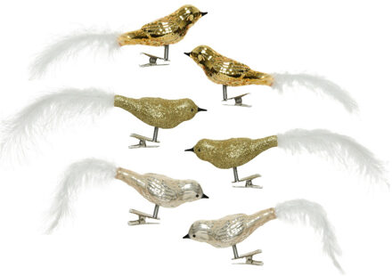 Decoris Kerst vogels - 6x st - op clip - goud - 8 cm - glas - kerstornamenten - kerstversiering - vogeltjes
