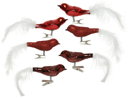Decoris Kerst vogels - 6x st - op clip - rood - 8 cm - glas - kerstornamenten - kersthangers