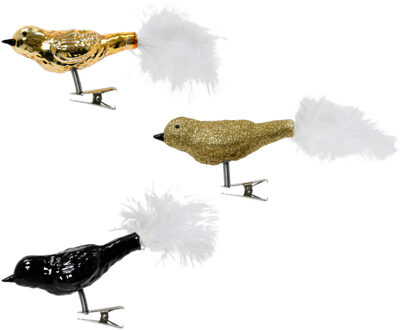 Decoris Kerst vogeltjes - 3x st - op clip - goud/zwart - 8 cm - glas - Kersthangers Goudkleurig