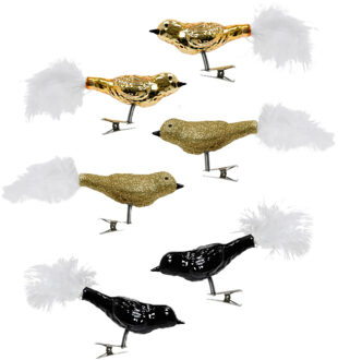 Decoris Kerst vogeltjes - 6x st - op clip - goud/zwart - 3 x 8 x 3,5 cm - glas - kerstornamenten