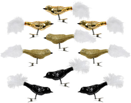 Decoris Kerst vogeltjes - 9x st - op clip - goud/zwart - 3 x 8 x 3,5 cm - glas - kerstornamenten