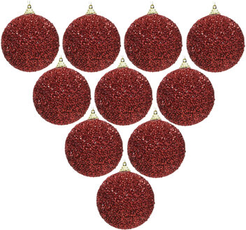 Decoris Kerstbal - 10x - rood - glitter - D8 cm - kunststof - onbreekbaar - kerstversiering