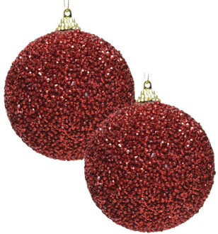 Decoris Kerstbal - 2x - rood - glitter - D8 cm - kunststof - onbreekbaar - kerstversiering