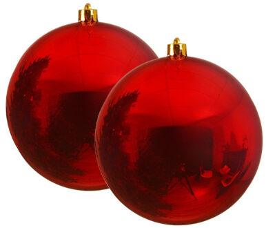Decoris Kerstbal - 2x - rood - groot - 14 cm - kunststof - glans