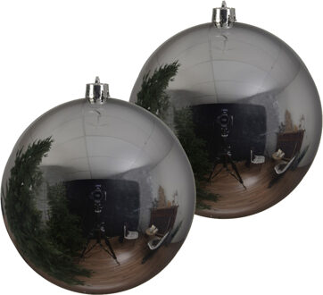 Decoris Kerstbal - 2x - zilver - groot - 20 cm - kunststof - glans